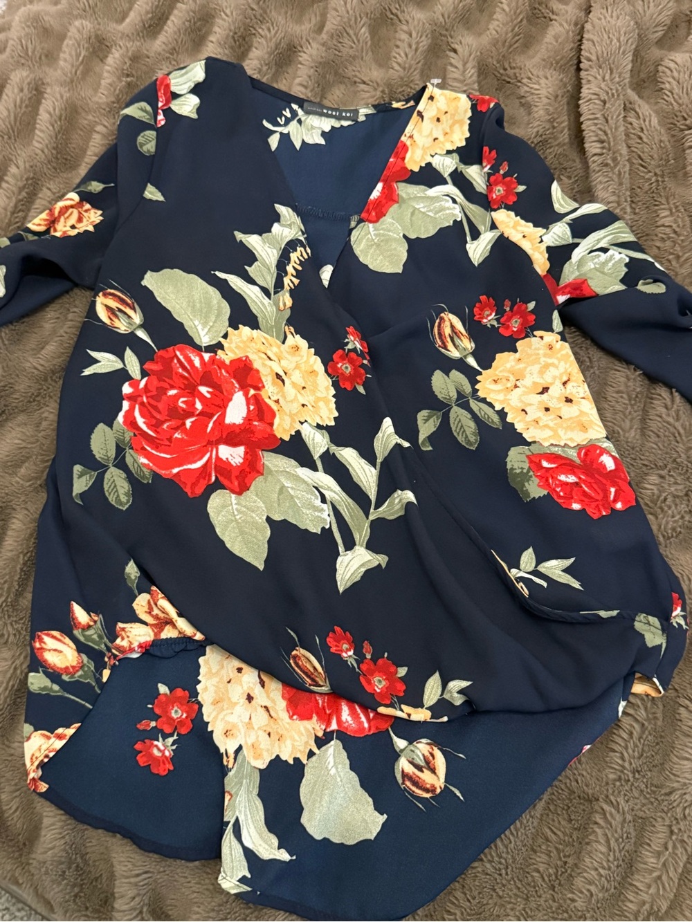 Floral Navy Wrap-Front Women's Blouse